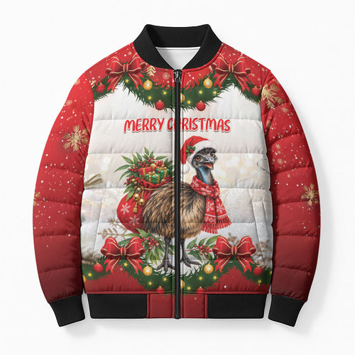 Personalised Emu Australia Christmas Bomber Puffer Jacket Merry Xmas Bows