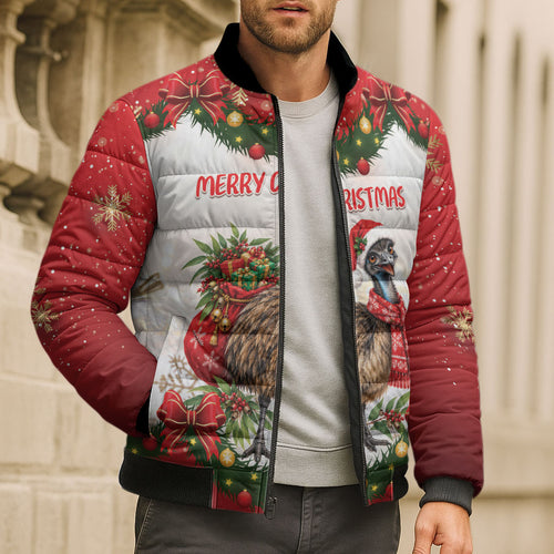 Personalised Emu Australia Christmas Bomber Puffer Jacket Merry Xmas Bows