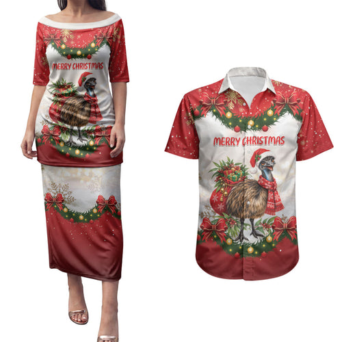 Personalised Emu Australia Christmas Couples Matching Puletasi and Hawaiian Shirt Merry Xmas Bows