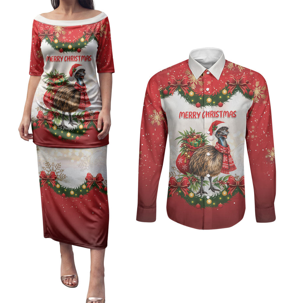 Personalised Emu Australia Christmas Couples Matching Puletasi and Long Sleeve Button Shirt Merry Xmas Bows