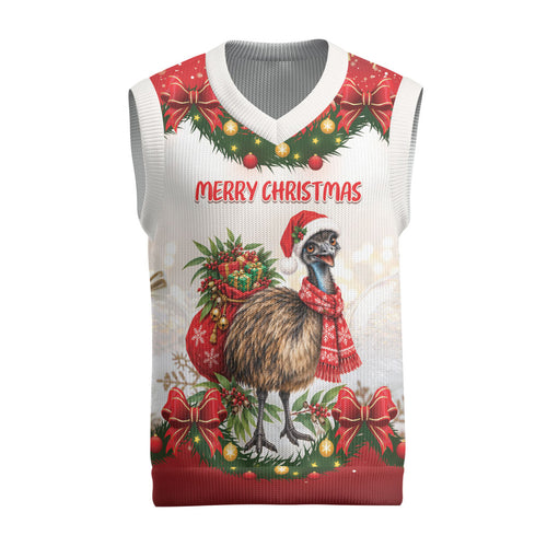 Personalised Emu Australia Christmas Knitted V-Neck Vest Merry Xmas Bows