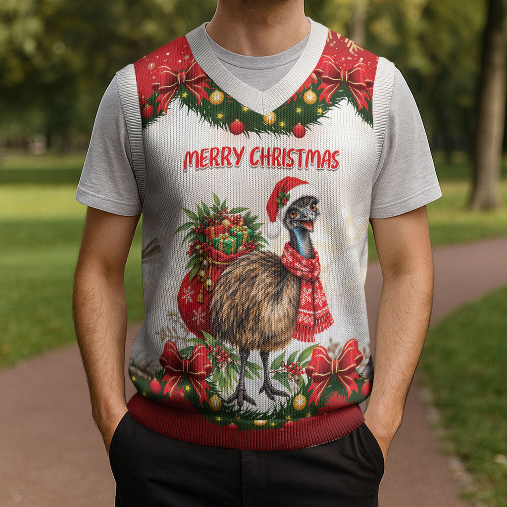 Personalised Emu Australia Christmas Knitted V-Neck Vest Merry Xmas Bows
