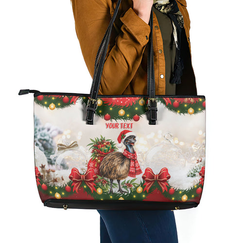 Personalised Emu Australia Christmas Leather Tote Bag Merry Xmas Bows