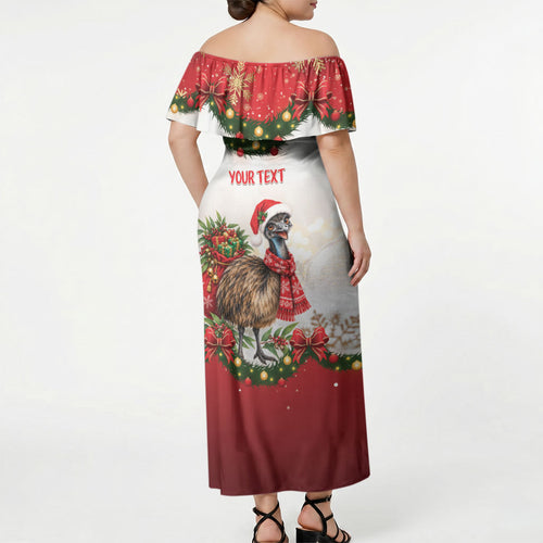 Personalised Emu Australia Christmas Off Shoulder Maxi Dress Merry Xmas Bows