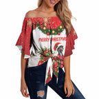 Personalised Emu Australia Christmas Off Shoulder Wrap Waist Top Merry Xmas Bows