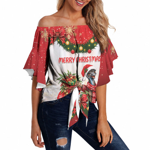 Personalised Emu Australia Christmas Off Shoulder Wrap Waist Top Merry Xmas Bows