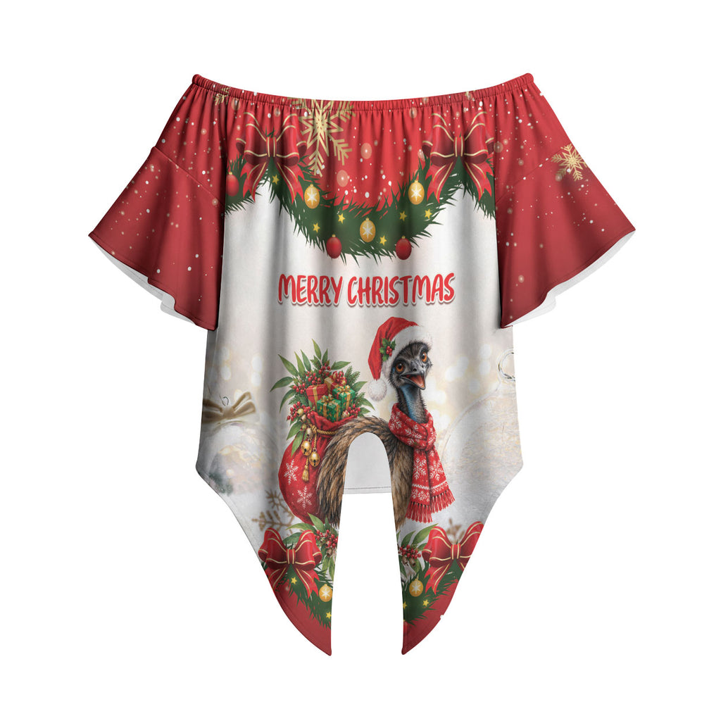 Personalised Emu Australia Christmas Off Shoulder Wrap Waist Top Merry Xmas Bows