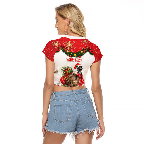 Personalised Emu Australia Christmas Raglan Cropped T Shirt Merry Xmas Bows