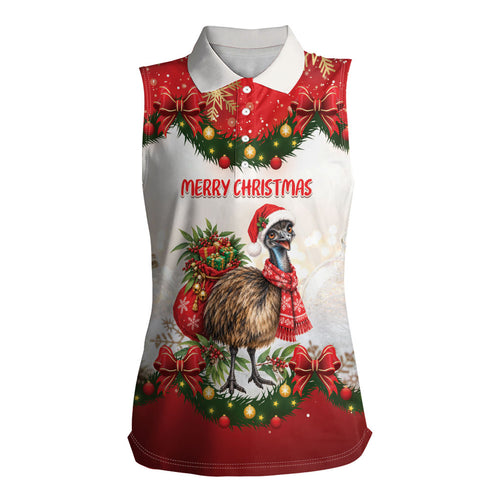 Personalised Emu Australia Christmas Women Sleeveless Polo Shirt Merry Xmas Bows
