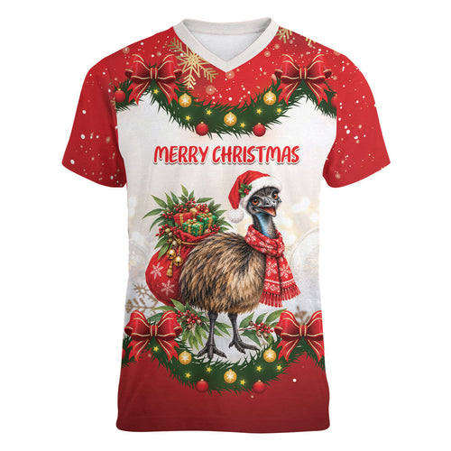 Personalised Emu Australia Christmas Women V-Neck T-Shirt Merry Xmas Bows