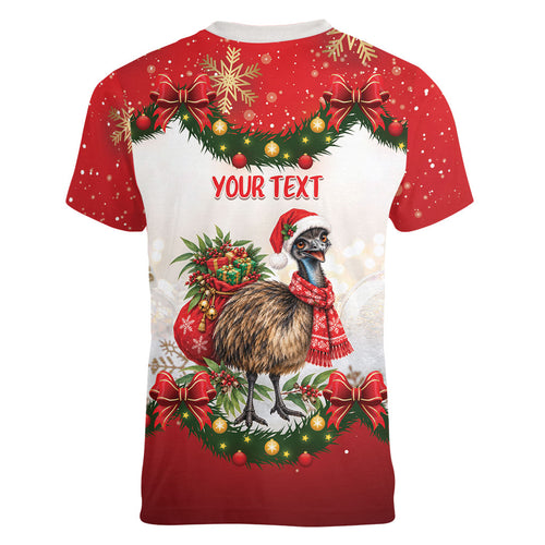 Personalised Emu Australia Christmas Women V-Neck T-Shirt Merry Xmas Bows