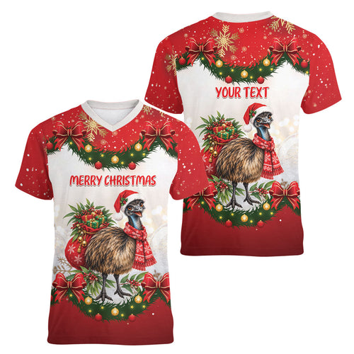 Personalised Emu Australia Christmas Women V-Neck T-Shirt Merry Xmas Bows