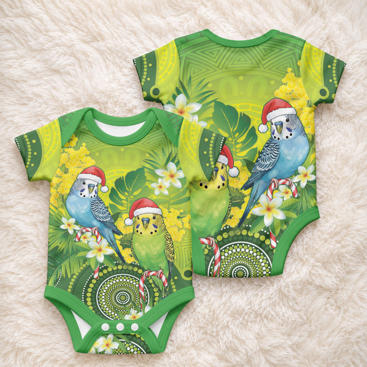 Budgerigar Australia Christmas Baby Onesie Budgies Golden Wattle Aboriginal Green