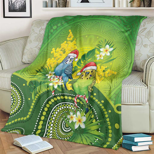 Budgerigar Australia Christmas Blanket Budgies Golden Wattle Aboriginal Green - Aussie Hoodie