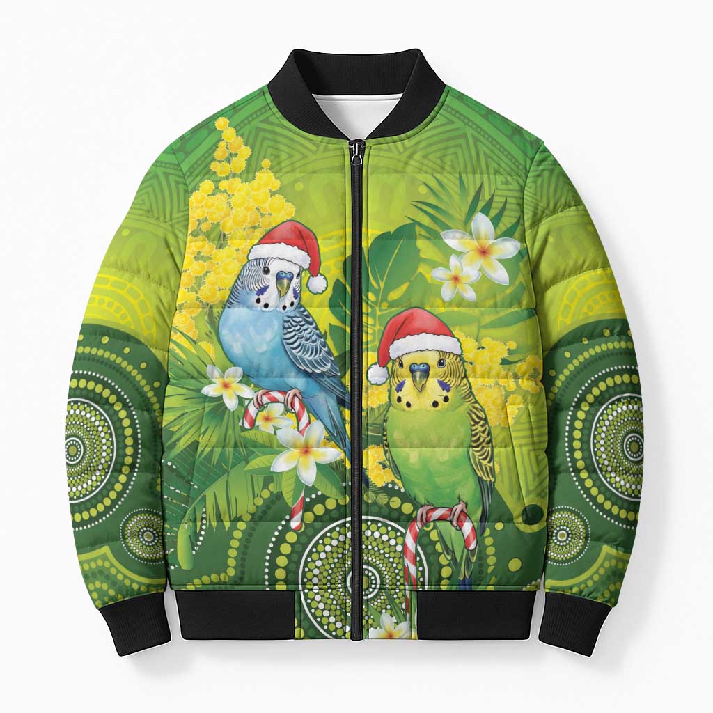 Budgerigar Australia Christmas Bomber Puffer Jacket Budgies Golden Wattle Aboriginal Green - Aussie Hoodie