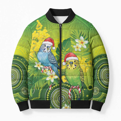 Budgerigar Australia Christmas Bomber Puffer Jacket Budgies Golden Wattle Aboriginal Green - Aussie Hoodie
