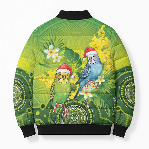 Budgerigar Australia Christmas Bomber Puffer Jacket Budgies Golden Wattle Aboriginal Green - Aussie Hoodie
