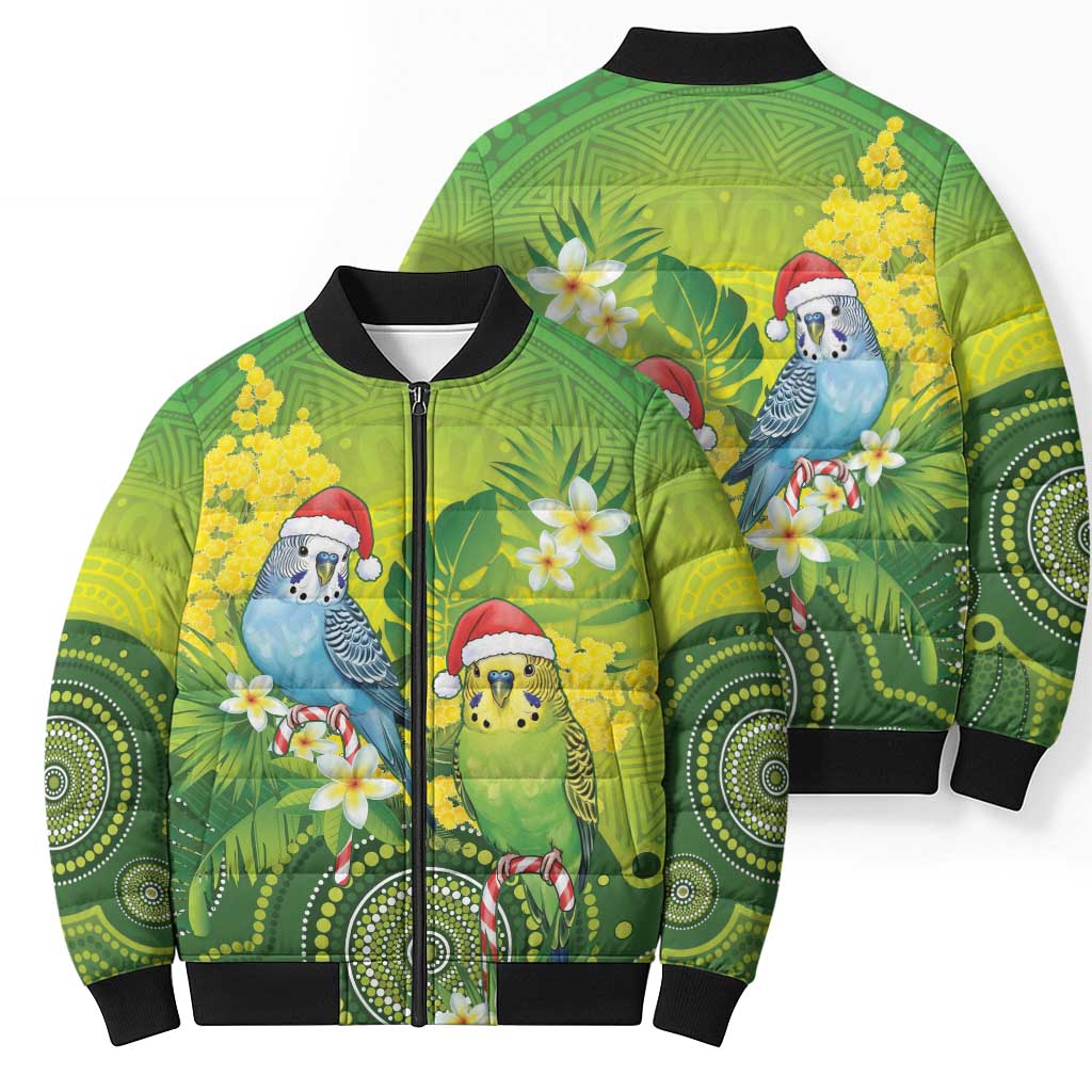 Budgerigar Australia Christmas Bomber Puffer Jacket Budgies Golden Wattle Aboriginal Green - Aussie Hoodie