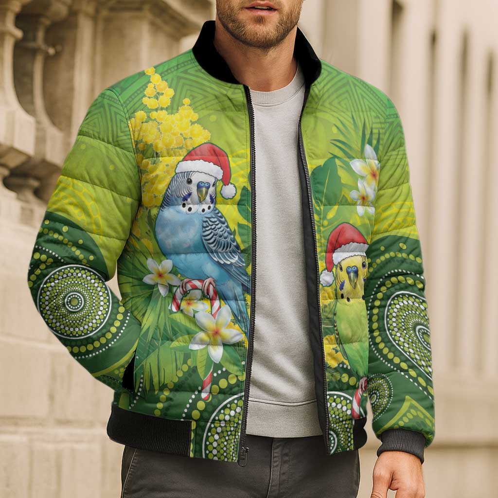 Budgerigar Australia Christmas Bomber Puffer Jacket Budgies Golden Wattle Aboriginal Green - Aussie Hoodie