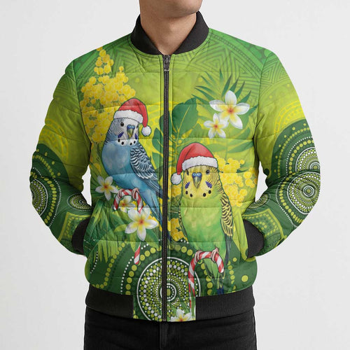Budgerigar Australia Christmas Bomber Puffer Jacket Budgies Golden Wattle Aboriginal Green - Aussie Hoodie