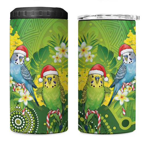 Budgerigar Australia Christmas 4 in 1 Can Cooler Tumbler Budgies Golden Wattle Aboriginal Green - Aussie Hoodie