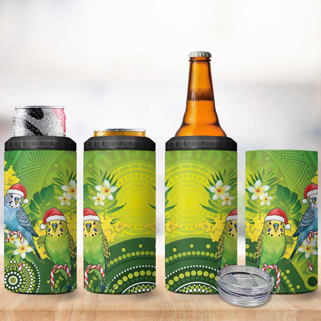Budgerigar Australia Christmas 4 in 1 Can Cooler Tumbler Budgies Golden Wattle Aboriginal Green - Aussie Hoodie