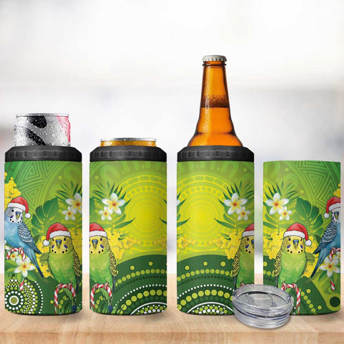 Budgerigar Australia Christmas 4 in 1 Can Cooler Tumbler Budgies Golden Wattle Aboriginal Green - Aussie Hoodie
