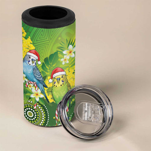 Budgerigar Australia Christmas 4 in 1 Can Cooler Tumbler Budgies Golden Wattle Aboriginal Green - Aussie Hoodie