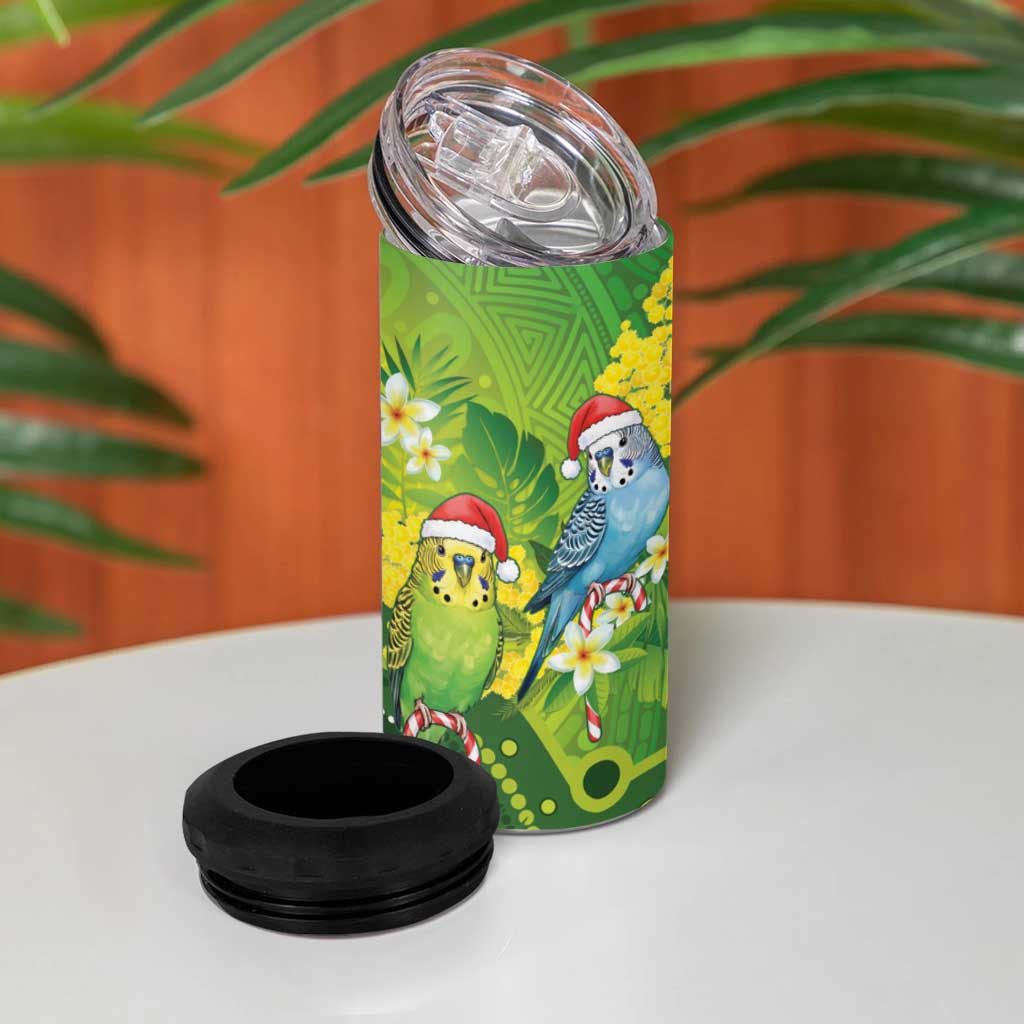 Budgerigar Australia Christmas 4 in 1 Can Cooler Tumbler Budgies Golden Wattle Aboriginal Green - Aussie Hoodie