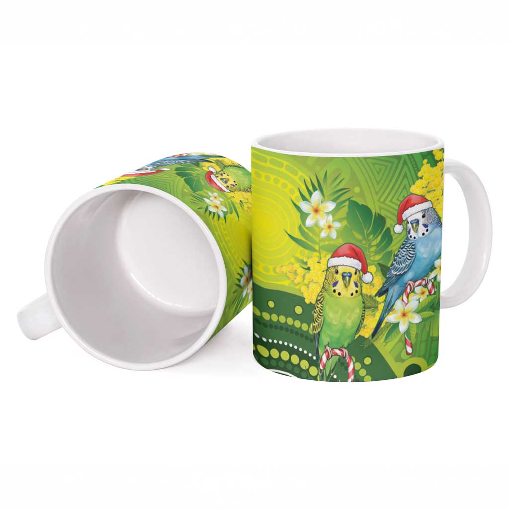 Budgerigar Australia Christmas Ceramic Mug Budgies Golden Wattle Aboriginal Green - Aussie Hoodie