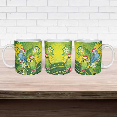 Budgerigar Australia Christmas Ceramic Mug Budgies Golden Wattle Aboriginal Green - Aussie Hoodie