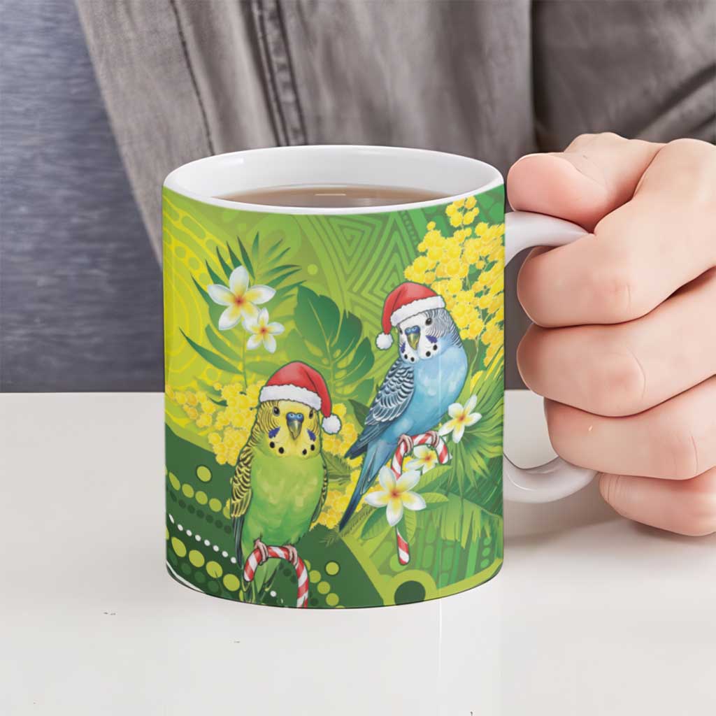 Budgerigar Australia Christmas Ceramic Mug Budgies Golden Wattle Aboriginal Green - Aussie Hoodie