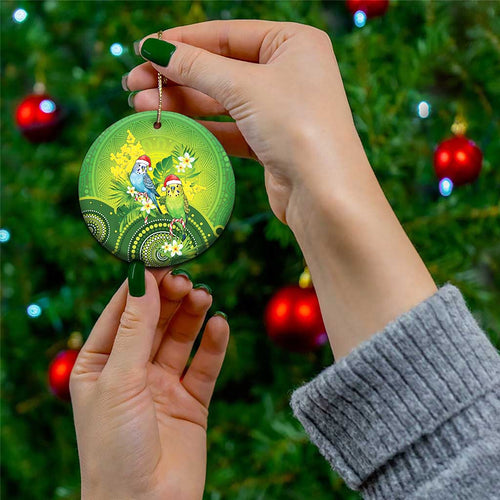 Budgerigar Australia Christmas Ceramic Ornament Budgies Golden Wattle Aboriginal Green - Aussie Hoodie