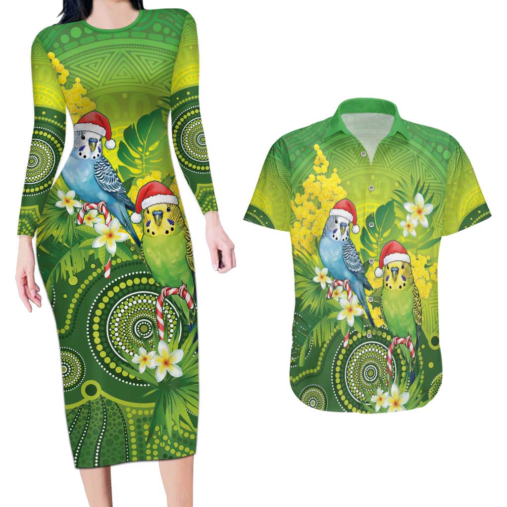 Budgerigar Australia Christmas Couples Matching Long Sleeve Bodycon Dress and Hawaiian Shirt Budgies Golden Wattle Aboriginal Green - Aussie Hoodie