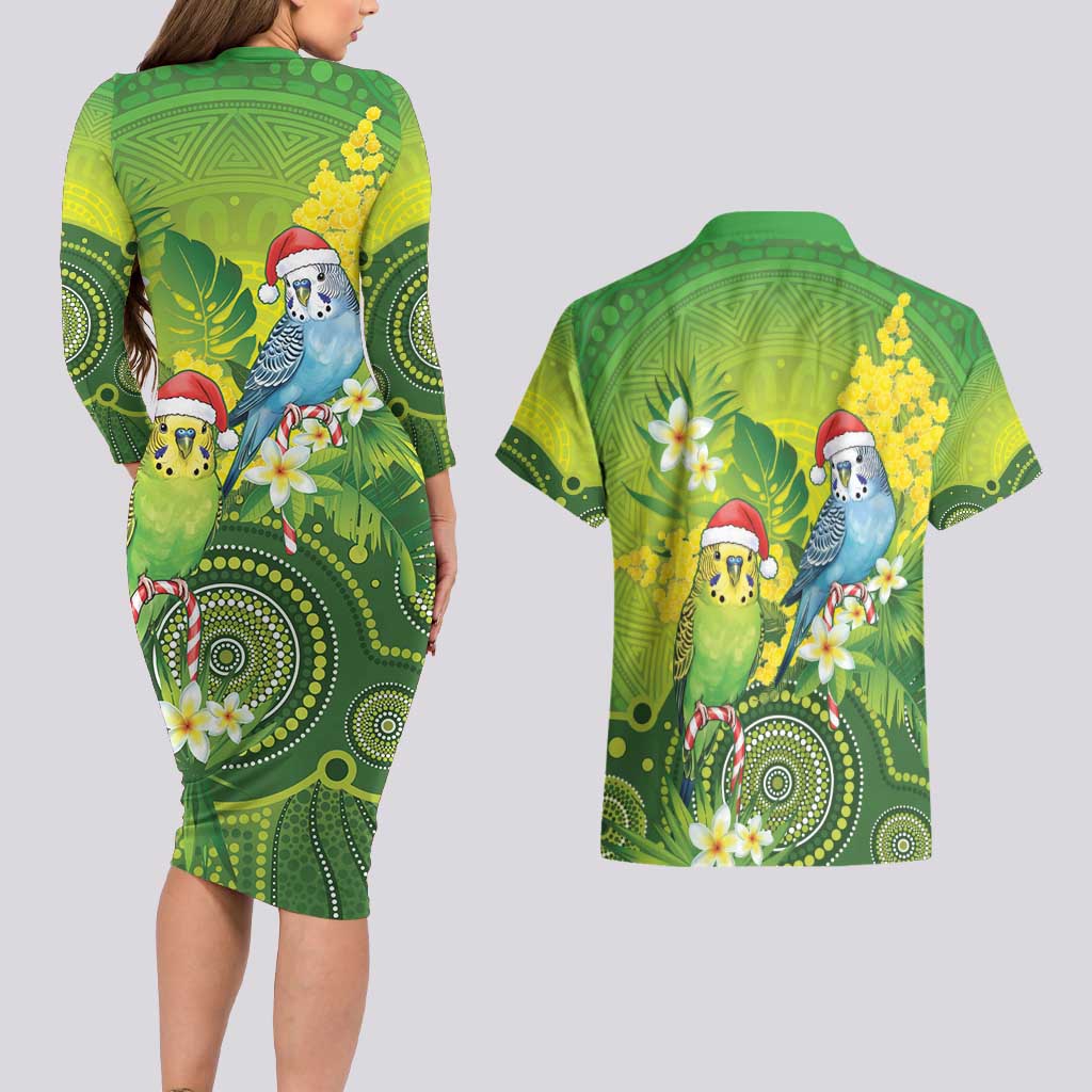 Budgerigar Australia Christmas Couples Matching Long Sleeve Bodycon Dress and Hawaiian Shirt Budgies Golden Wattle Aboriginal Green - Aussie Hoodie