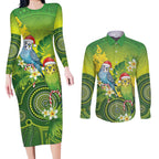 Budgerigar Australia Christmas Couples Matching Long Sleeve Bodycon Dress and Long Sleeve Button Shirt Budgies Golden Wattle Aboriginal Green - Aussie Hoodie