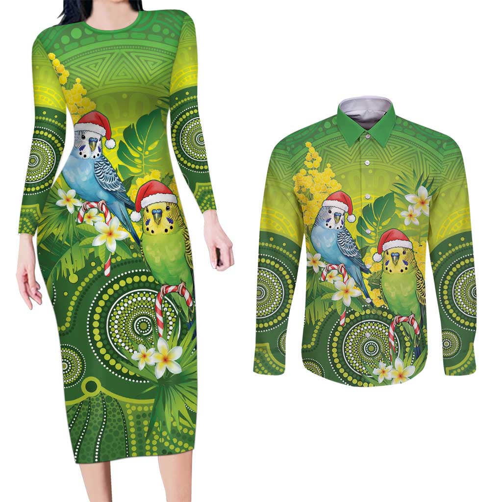 Budgerigar Australia Christmas Couples Matching Long Sleeve Bodycon Dress and Long Sleeve Button Shirt Budgies Golden Wattle Aboriginal Green - Aussie Hoodie