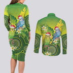 Budgerigar Australia Christmas Couples Matching Long Sleeve Bodycon Dress and Long Sleeve Button Shirt Budgies Golden Wattle Aboriginal Green - Aussie Hoodie