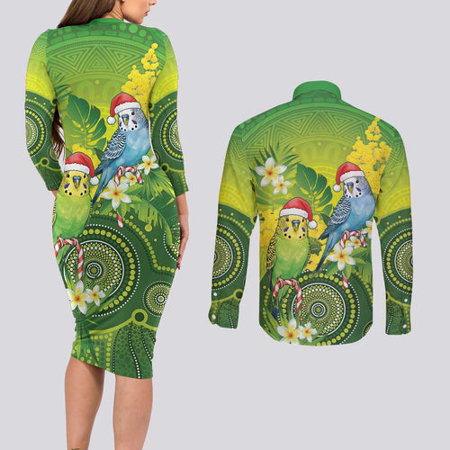 Budgerigar Australia Christmas Couples Matching Long Sleeve Bodycon Dress and Long Sleeve Button Shirt Budgies Golden Wattle Aboriginal Green - Aussie Hoodie