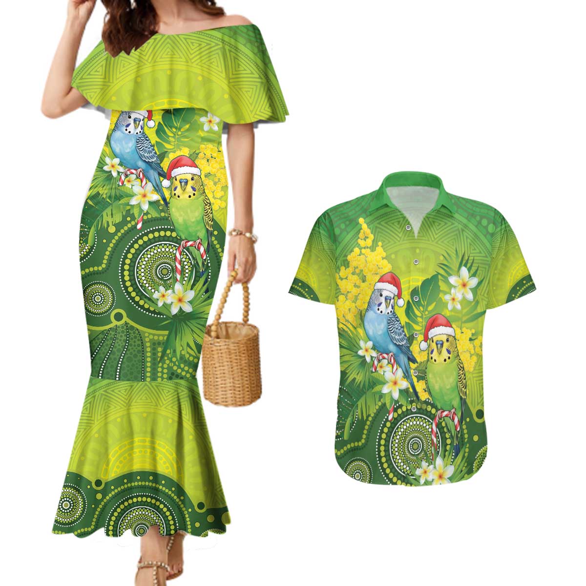 Budgerigar Australia Christmas Couples Matching Mermaid Dress and Hawaiian Shirt Budgies Golden Wattle Aboriginal Green - Aussie Hoodie