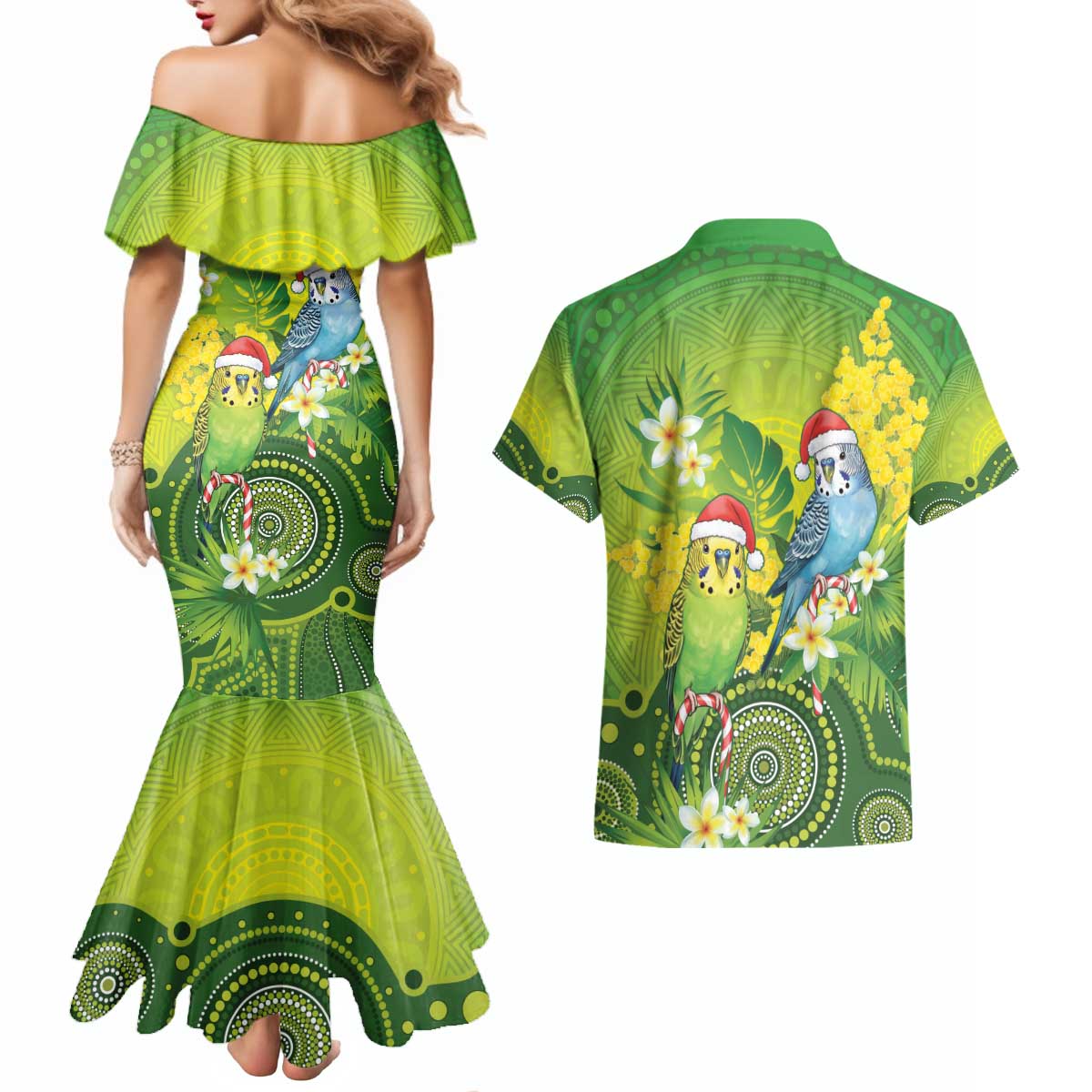 Budgerigar Australia Christmas Couples Matching Mermaid Dress and Hawaiian Shirt Budgies Golden Wattle Aboriginal Green - Aussie Hoodie