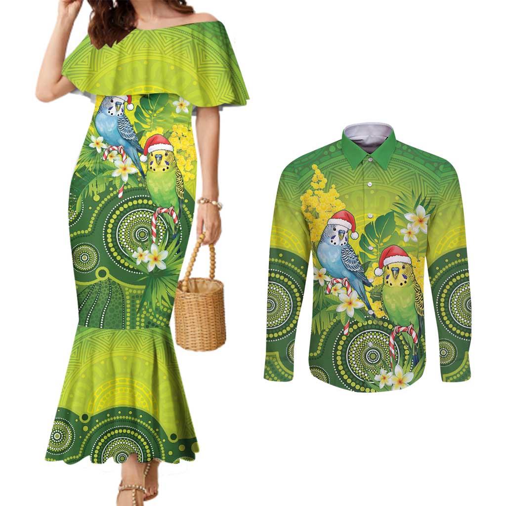 Budgerigar Australia Christmas Couples Matching Mermaid Dress and Long Sleeve Button Shirt Budgies Golden Wattle Aboriginal Green - Aussie Hoodie