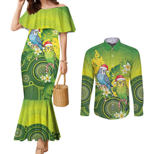 Budgerigar Australia Christmas Couples Matching Mermaid Dress and Long Sleeve Button Shirt Budgies Golden Wattle Aboriginal Green - Aussie Hoodie