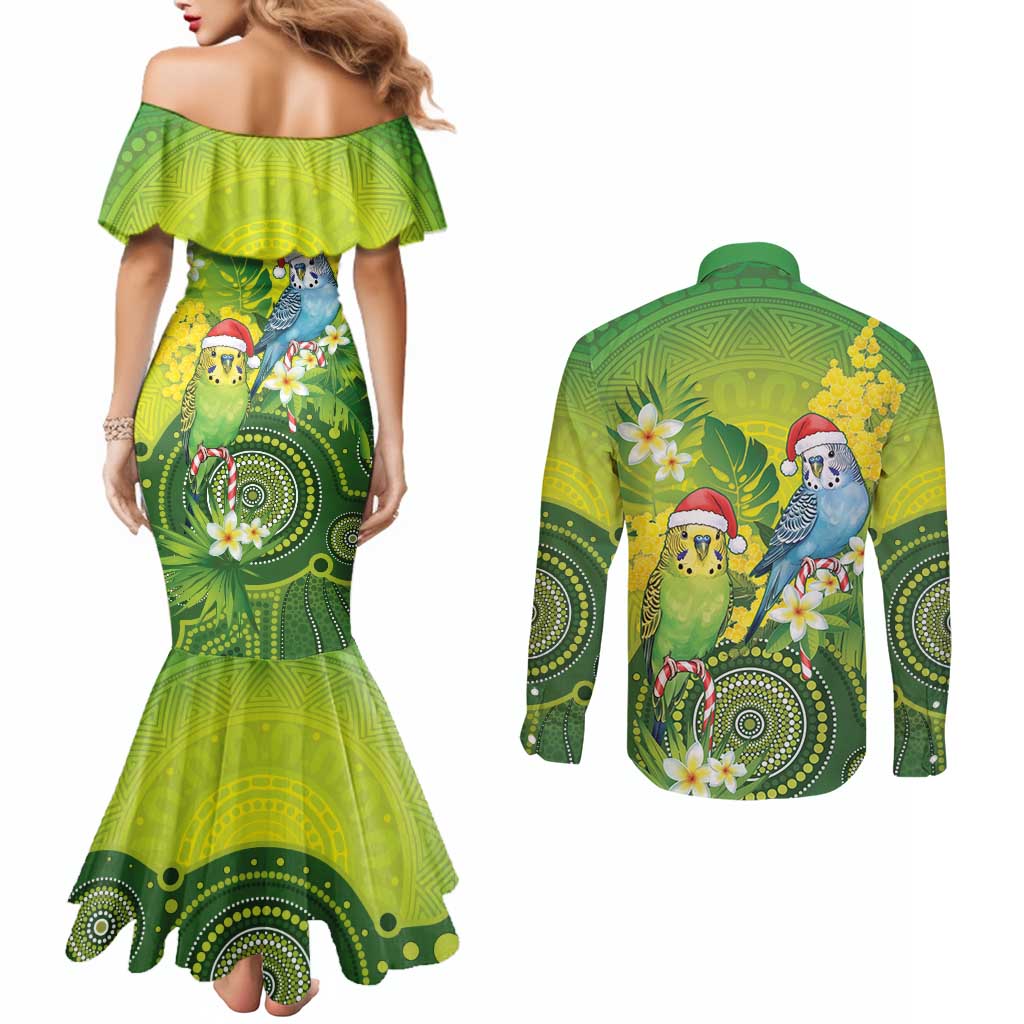 Budgerigar Australia Christmas Couples Matching Mermaid Dress and Long Sleeve Button Shirt Budgies Golden Wattle Aboriginal Green - Aussie Hoodie