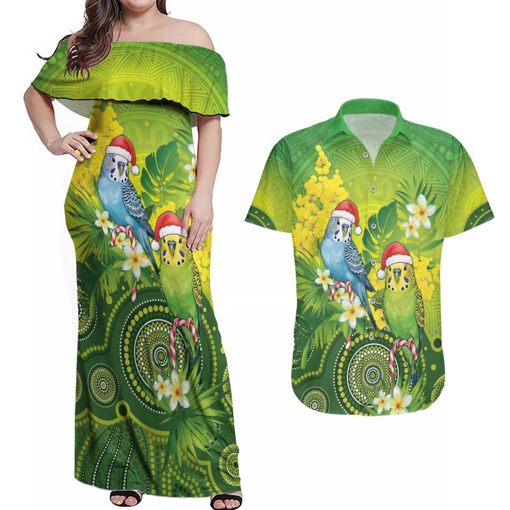 Budgerigar Australia Christmas Couples Matching Off Shoulder Maxi Dress and Hawaiian Shirt Budgies Golden Wattle Aboriginal Green - Aussie Hoodie