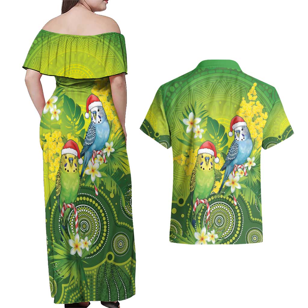 Budgerigar Australia Christmas Couples Matching Off Shoulder Maxi Dress and Hawaiian Shirt Budgies Golden Wattle Aboriginal Green - Aussie Hoodie