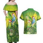 Budgerigar Australia Christmas Couples Matching Off Shoulder Maxi Dress and Hawaiian Shirt Budgies Golden Wattle Aboriginal Green - Aussie Hoodie