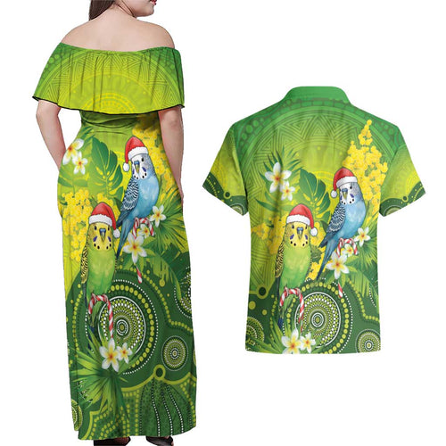 Budgerigar Australia Christmas Couples Matching Off Shoulder Maxi Dress and Hawaiian Shirt Budgies Golden Wattle Aboriginal Green - Aussie Hoodie