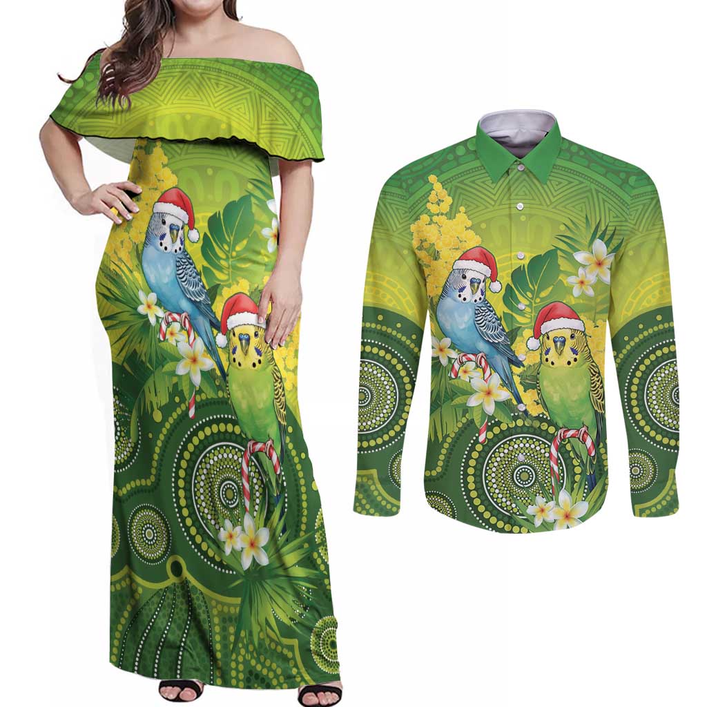 Budgerigar Australia Christmas Couples Matching Off Shoulder Maxi Dress and Long Sleeve Button Shirt Budgies Golden Wattle Aboriginal Green - Aussie Hoodie