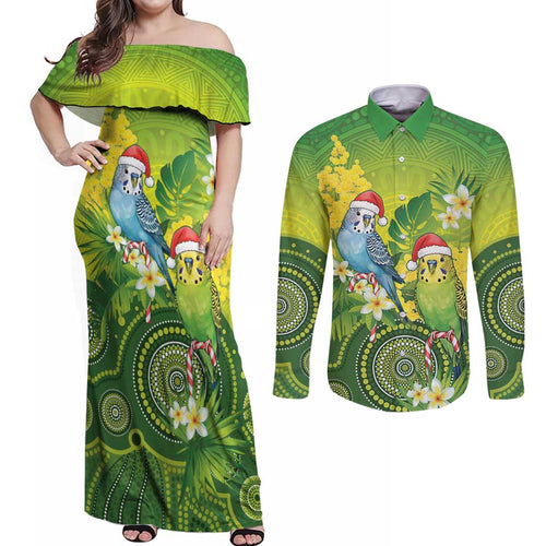 Budgerigar Australia Christmas Couples Matching Off Shoulder Maxi Dress and Long Sleeve Button Shirt Budgies Golden Wattle Aboriginal Green - Aussie Hoodie